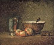 Jean Baptiste Simeon Chardin, Three apple two millet bowls and silver wine class